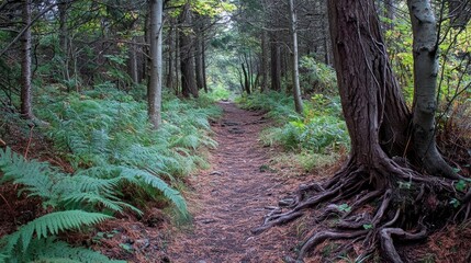 Fototapeta premium Serene Nature Trail Surrounded by Lush Green Foliage and Majestic Trees in a Tranquil Forest Environment