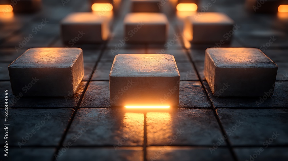 Poster rows of lit blocks casting light across a textured surface