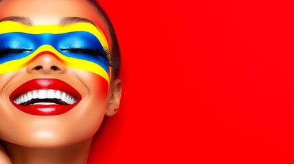 Obraz premium A beautiful woman with makeup showcasing vibrant colors on red background