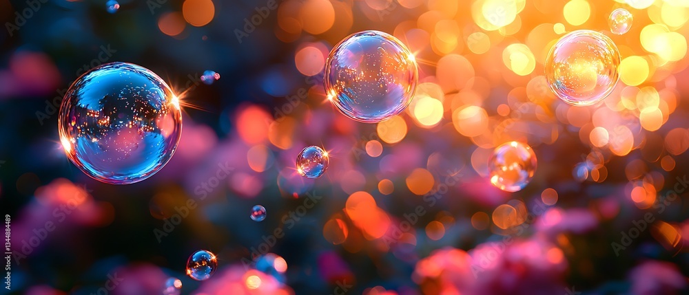 Poster floating spheres with brilliant highlights and warm bokeh background: a mesmerizing abstract composi