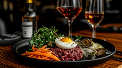 minimalist presentation of beef tartare on black background