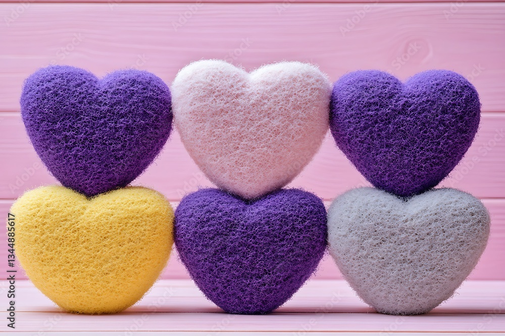 Poster six colorful heart shaped objects stacked on a pink background