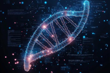 A glowing blue and red representation of a dna strand