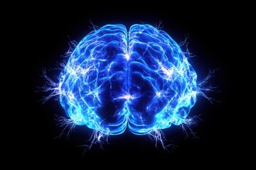 Obraz premium A glowing blue brain radiating light beams against a cosmic background in a futuristic 3D rendering symbolizing neural networks and artificial intelligence