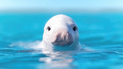 Naklejka premium A baby dugong, its smooth, pale skin, and dark eyes, are prominent in a close-up shot of its head above the turquoise water