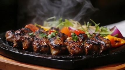 Grilled Lamb Skewers with Vegetables on Hot Stone Plate