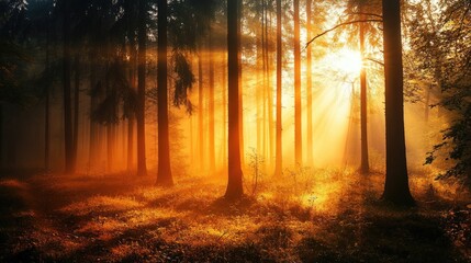 Obraz premium Serene Sunlight Filtering Through Tall Trees in Enchanted Forest During Early Morning Ambiance