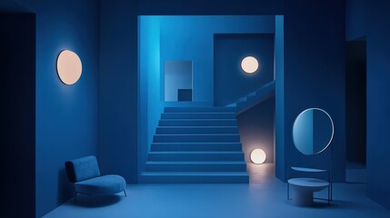 Modern Minimalist Interior with Blue Lighting and Unique Circular Features