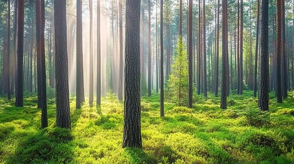 Obraz premium Mystical Misty Forest Scene with Sunlight Filtering Through Trees