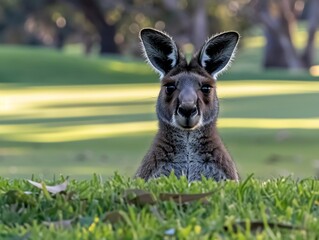 Naklejka premium Western Grey Kangaroo curiously peering over suburban golf course manicured green grass contrasting rugged fur unusual intersection of wildlife and human spaces taken at f8 for environmental context