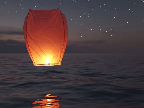 A glowing sky lantern floating above a serene ocean scene