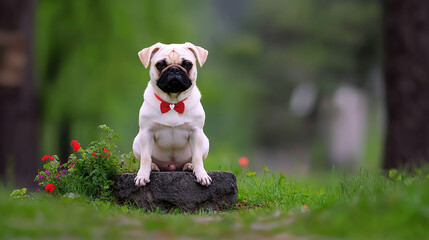 Fototapeta premium Pug in park, red bow tie