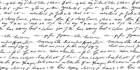 Seamless pattern of abstract illegible handwritten text. Vintage grunge bad calligraphy script, old book document. Vector illustration of monochrome unreadable handwriting cursive poetry paragraph bac