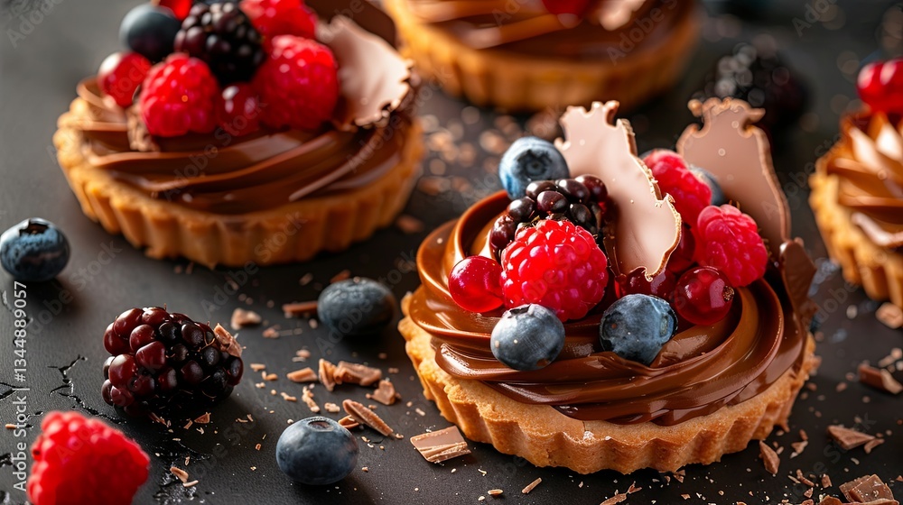 Poster elegant pastries adorned with chocolate and fresh berries in a vibrant culinary presentation generat