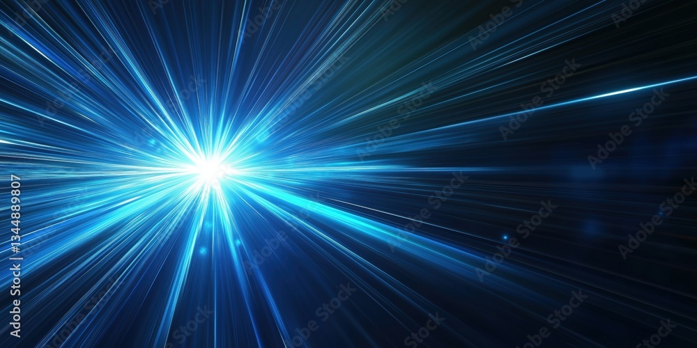 Poster bright blue light burst with dynamic rays and glowing particles in dark background