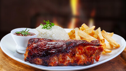 BBQ pork ribs, rice and fries