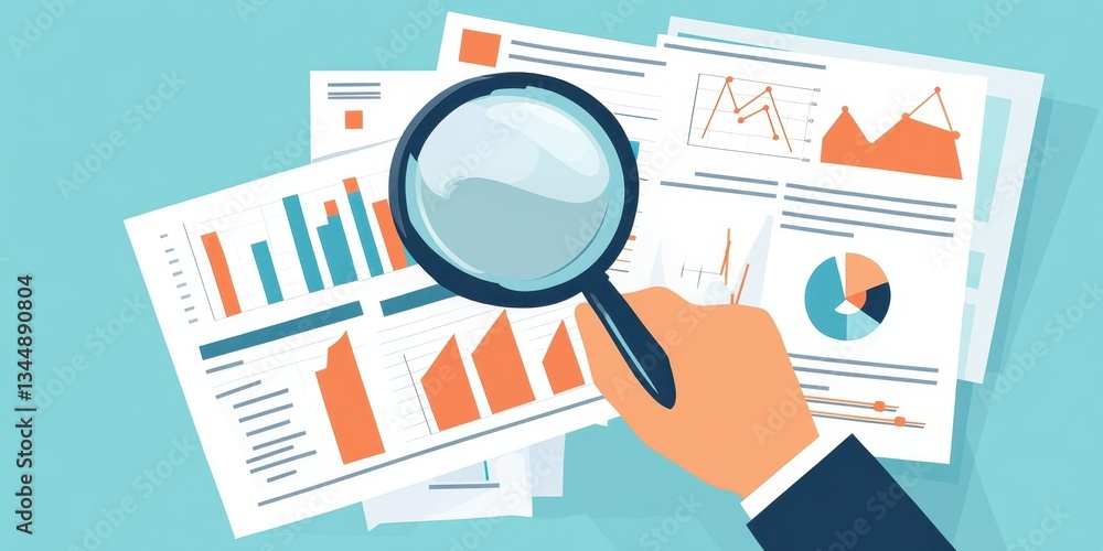 Aufkleber hand with a magnifying glass looking at financial charts and graphs on paper documents generative ai