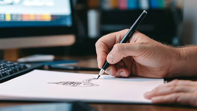 A designer&rsquo;s hand sketching a new logo concept on paper, with a computer and color swatches in the background.