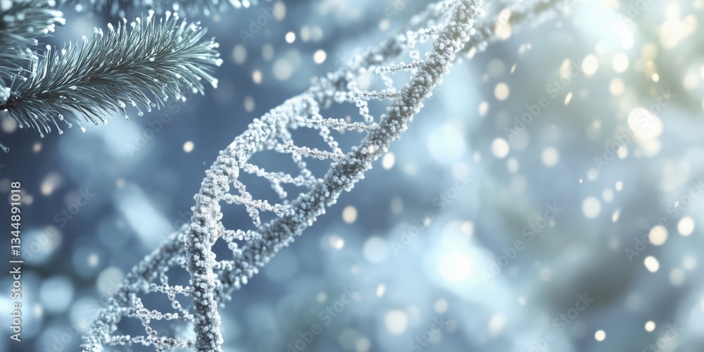 Poster dna double helix structure with winter background and snowflakes