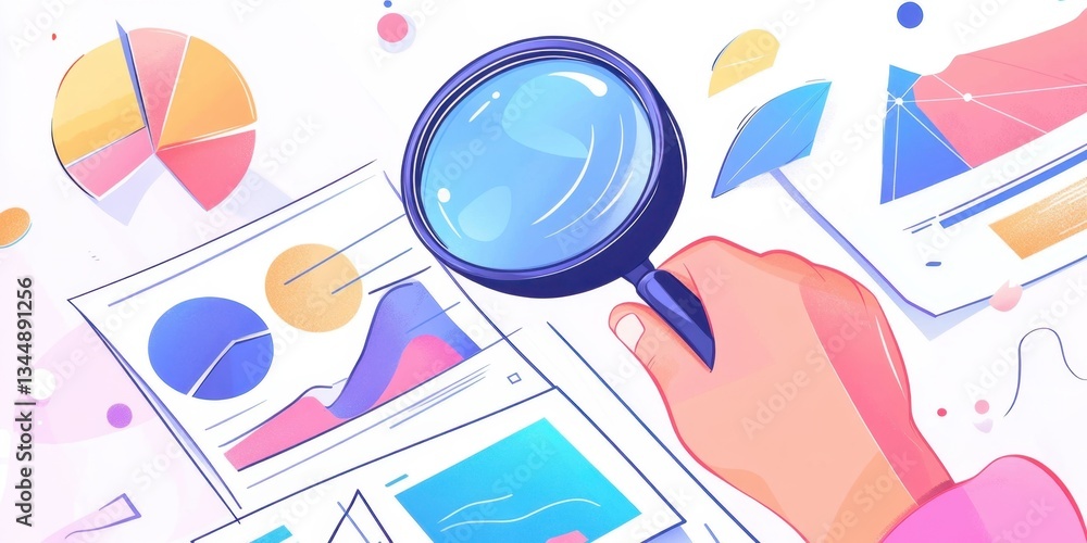 Poster hand with a magnifying glass examining financial data and graphs on documents a businessman analyzin