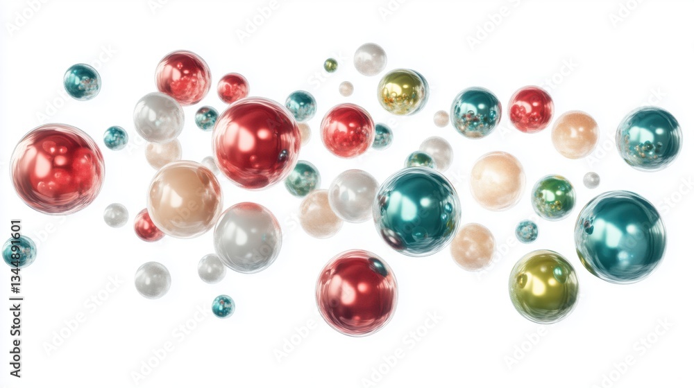 Poster colorful abstract spheres and bubbles in various sizes and textures on white background