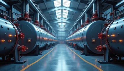 Fototapeta premium Modern industrial boiler room interior with large metal tanks, pipes. Heat generation industry concept. Electric power generation, water heating system. Pressure, temperature control. Generative AI