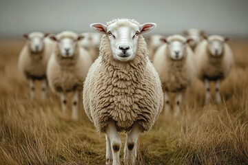 Naklejka premium Flock of Sheep Grazing in a Scenic Field During Golden Hour