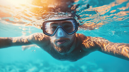Naklejka premium Jellyfish hovering near swimmer's leg in crystal-clear ocean water with sunlight reflections