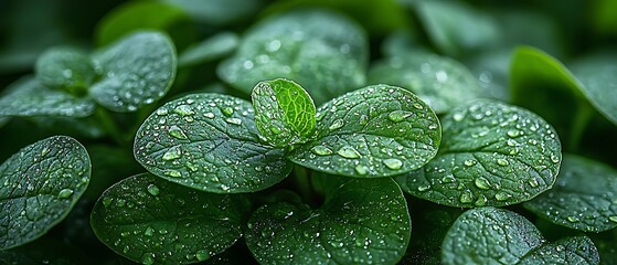Fresh Green Leaves with Water Droplets: A Close-Up View of Nature's Beauty and Renewal, High-Quality Detail.