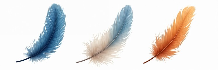 Obraz premium Three elegant feathers of blue, cream, orange colors isolated on white background. Detailed textures, smooth lines, soft aesthetic. Decorative plume element for graphic design, illustration, visual.