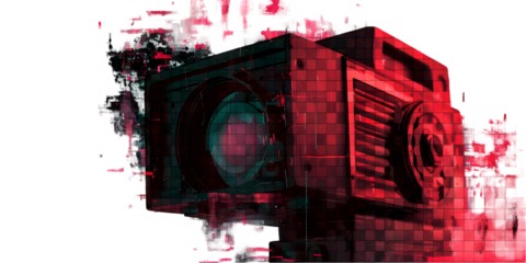 Retro camera in a vibrant digital art style with abstract red patterns and textures created for modern aesthetics in the digital age