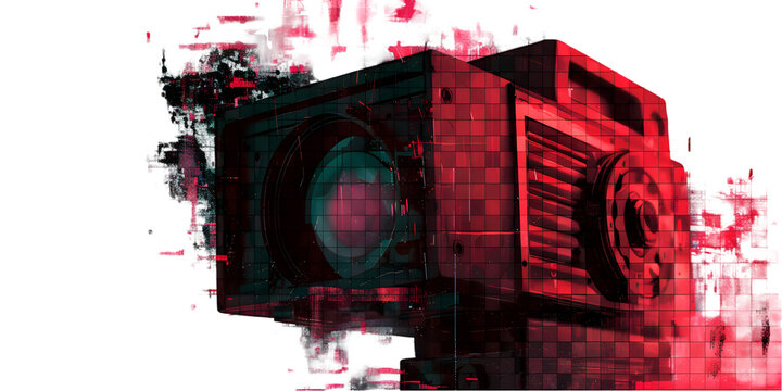 Retro camera in a vibrant digital art style with abstract red patterns and textures created for modern aesthetics in the digital age