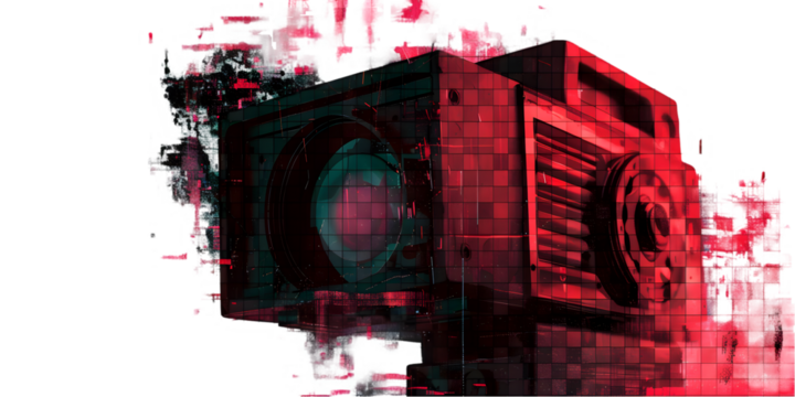 Retro camera in a vibrant digital art style with abstract red patterns and textures created for modern aesthetics in the digital age