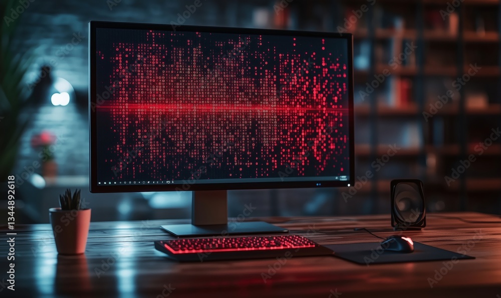 Poster red digital matrix display on modern computer setup in cozy workspace
