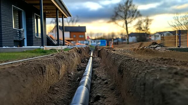 An underground trench being prepared for plumbing pipes, with a partially constructed house visible above ground.