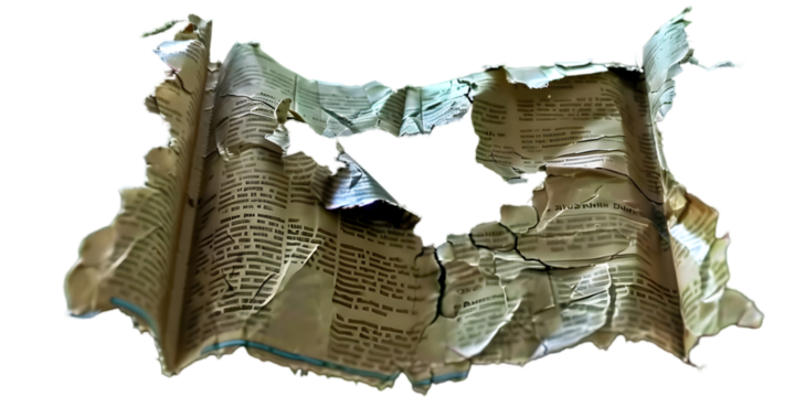 Torn and burnt newspaper fragment lying on a surface, revealing fragmented text and faded images under natural light