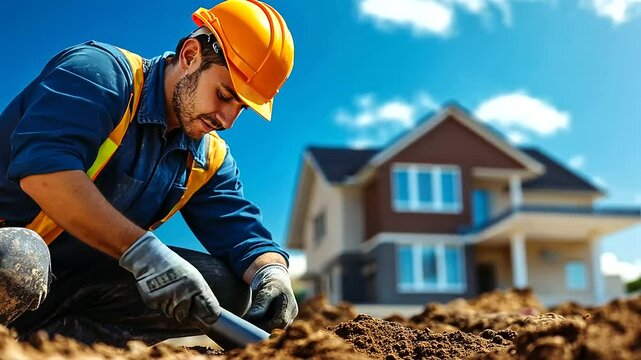 A plumbing technician installing pipes underground while a house stands completed above, symbolizing infrastructure setup.