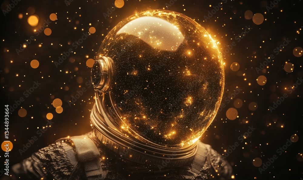 Poster astronaut helmet filled with stars and golden particles creating a cosmic effect