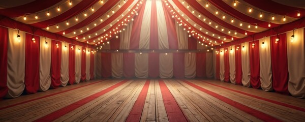 Spacious empty circus tent interior with red, white striped walls. Strings of lights hang from ceiling above wood floor, awaiting next performance. Ideal for carnival, mystery or amusement concepts.