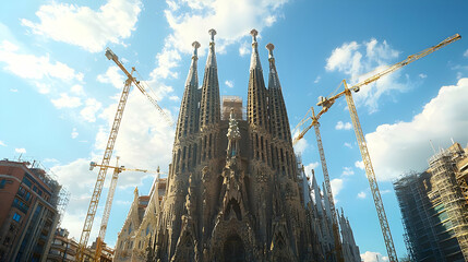 Fototapeta premium Dramatic Architectural Structure With Golden Cranes Against Blue Sky In Sunny Day