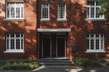 Fototapeta premium Urban red brick building with decorative windows showcasing contemporary architecture in a city neighborhood during daylight
