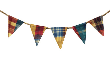 A festive bunting with multicolored triangular flags, hanging on a rope against a transparent background. The flags show a mix of textures and patterns, PNG