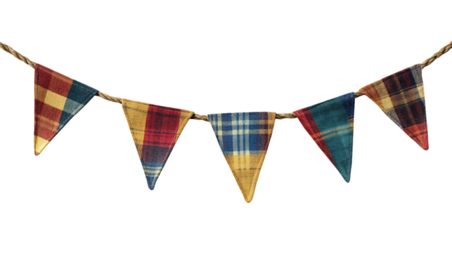 A festive bunting with multicolored triangular flags, hanging on a rope against a transparent background. The flags show a mix of textures and patterns, PNG