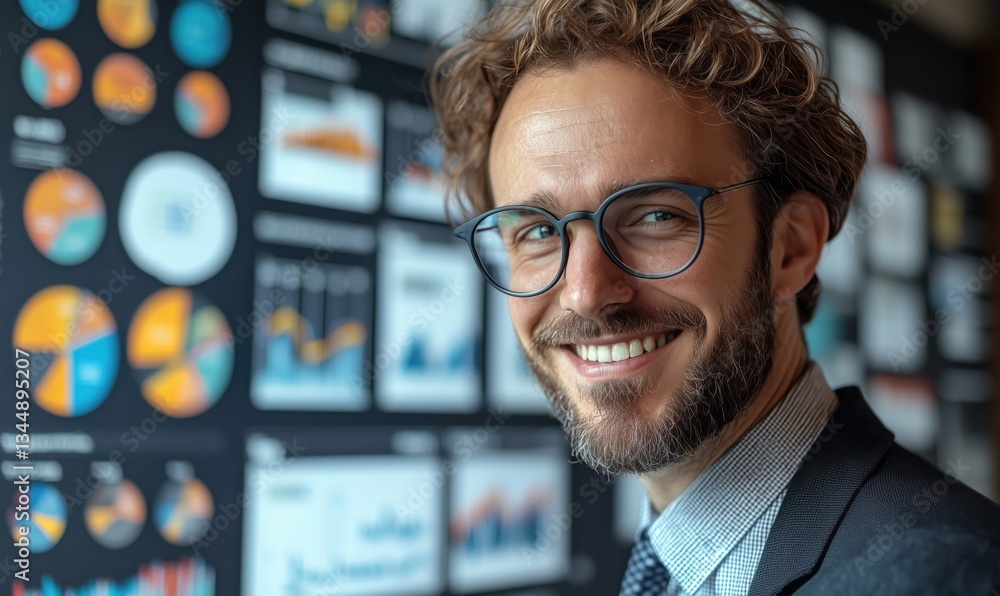 Poster smiling businessman in front of colorful data visualizations and charts