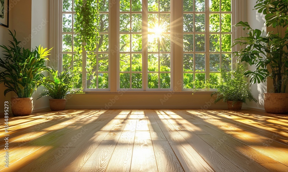 Poster sunlit indoor space with large windows and lush greenery creating a serene atmosphere