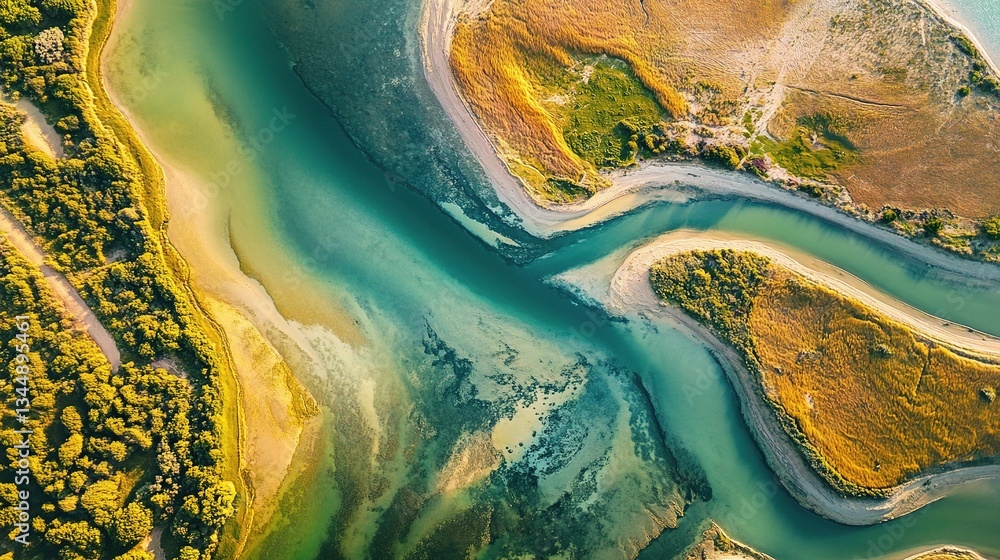 Poster aerial view of serene landscape with unique patterns in aigue