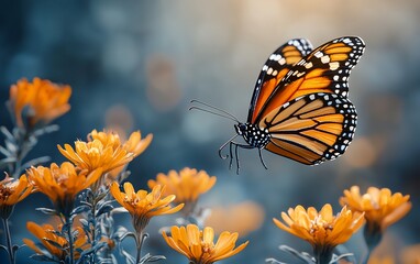 Obraz premium Monarch butterfly in flight near orange flowers.