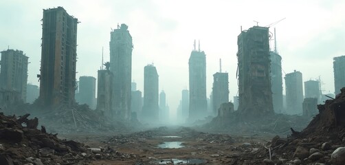 Post-apocalyptic cityscape with ruined concrete skyscrapers after catastrophe. Urban wasteland with destruction, decay in misty desolation. Debris of abandoned architecture overgrown with vegetation