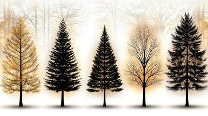 Silhouettes of Trees in a Foggy Forest
