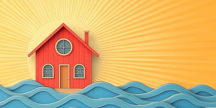 A red house surrounded by water with a yellow sun background